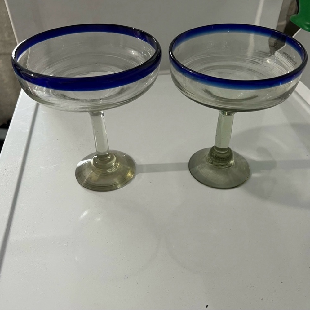 Set of 2 Clear Margarita Coupes with Cobalt Blue Rim